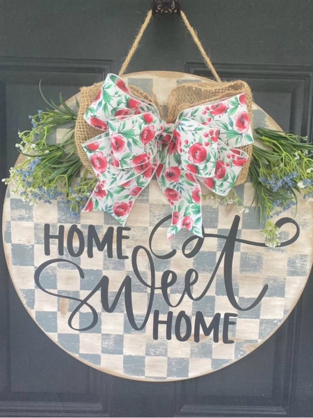 "Home Sweet Home" Round Door Sign with Floral Bow